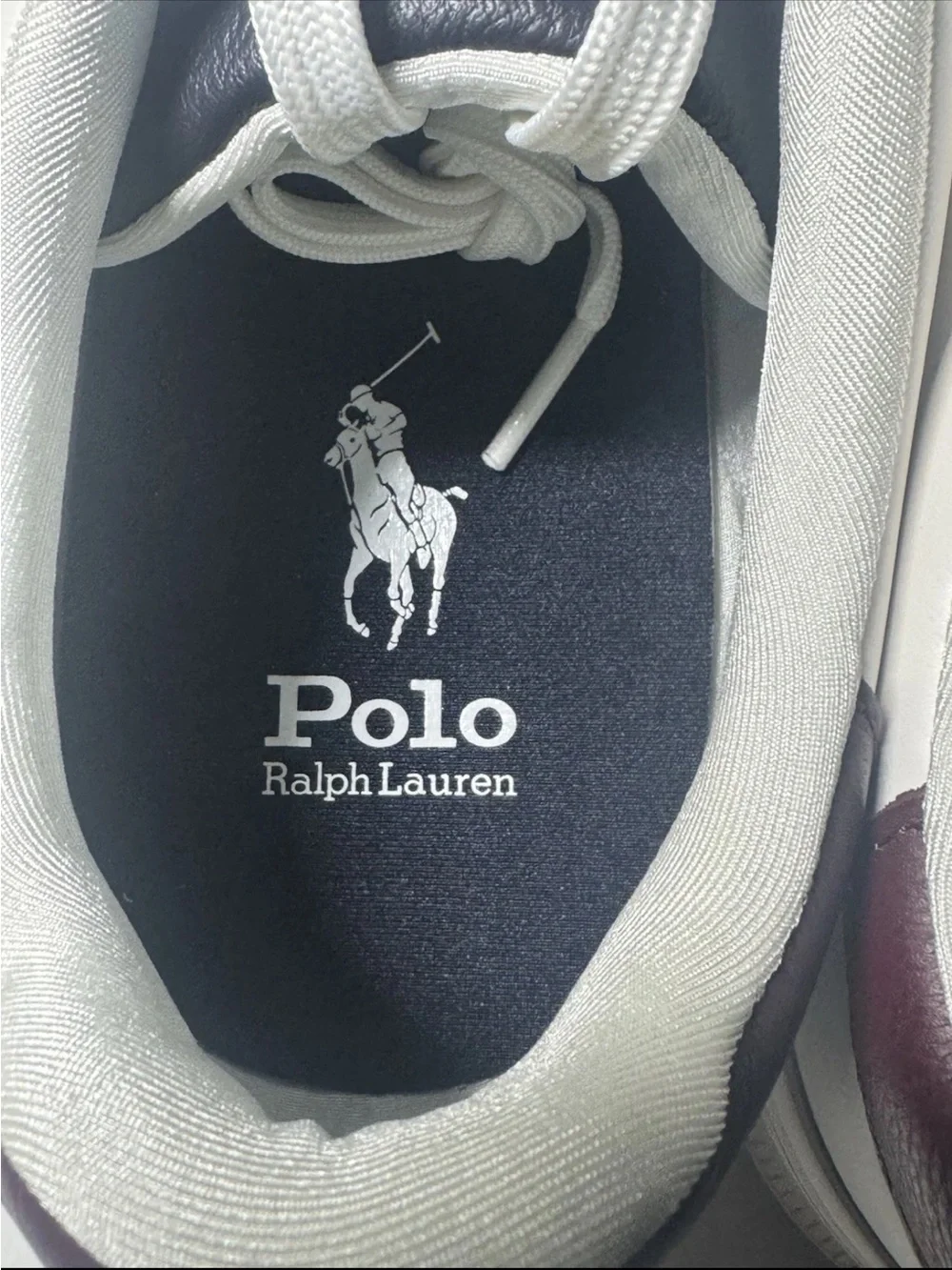 Polo by Ralph Lauren White Leather Sneakers with Burgundy Heel Accent